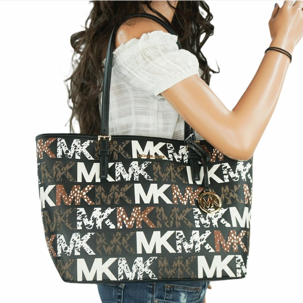 Michael Kors Graphic MK Exotic Logo Tote Blk Multi - Picture 2 of 10